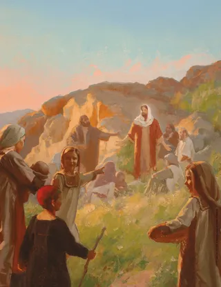 Målning av Jesus Kristus som undervisar medan barn går mot honom.