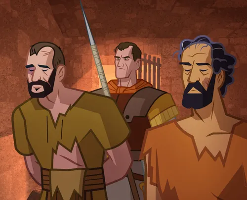 Paul and Silas being put into prison.