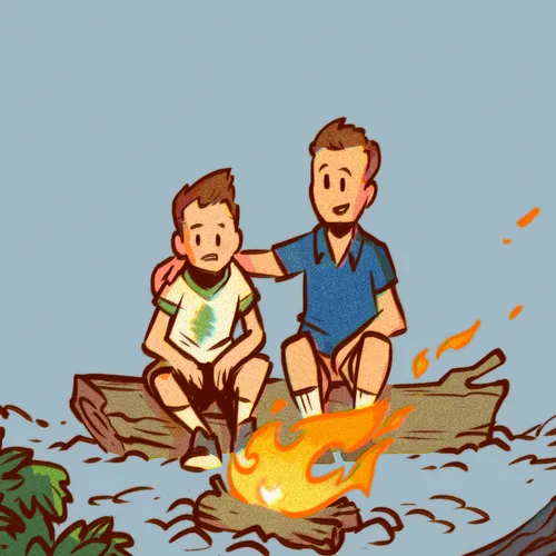 father talking to son by a campfire