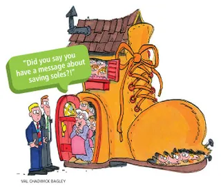 missionaries visiting old woman in a shoe