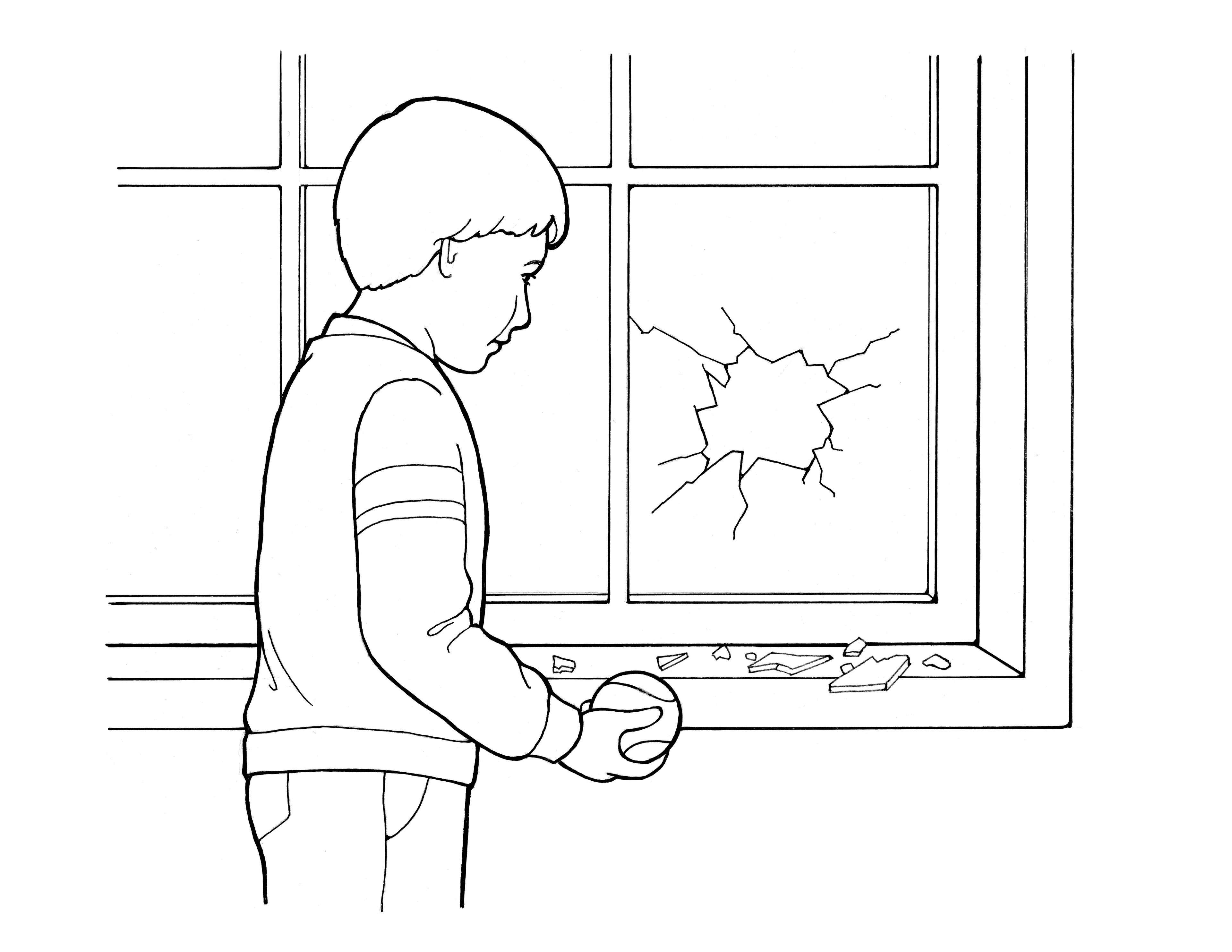 A line drawing of a boy who broke a window, showing the power of repentance.