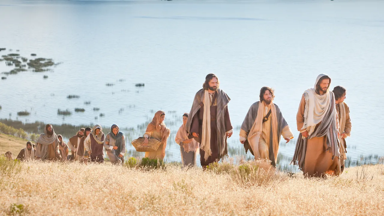 Jesus Christ walking with disciples following