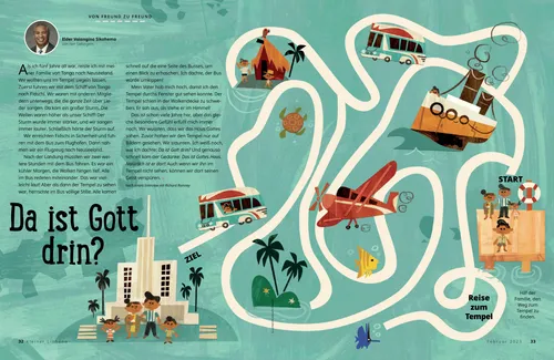 PDF: Ein Labyrinth mit Illustrationen einer Familie, die mit verschiedenen Verkehrsmitteln zum Tempel fährt