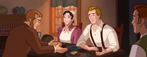 Martin Harris sitting at a table, talking to Joseph Smith and his parents.