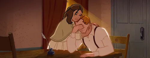 Emma Smith embracing Joseph Smith.