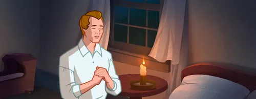 Joseph Smith kneeling at his bedside, asking God for forgiveness.