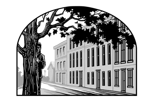 shadowy figure hiding behind a tree