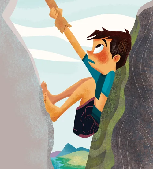 boy being lifted out of rock crevice