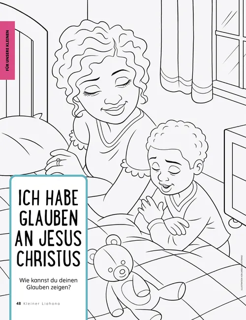 PDF/Ausmalbild: Eine Frau und ein Junge knien am Bett und beten