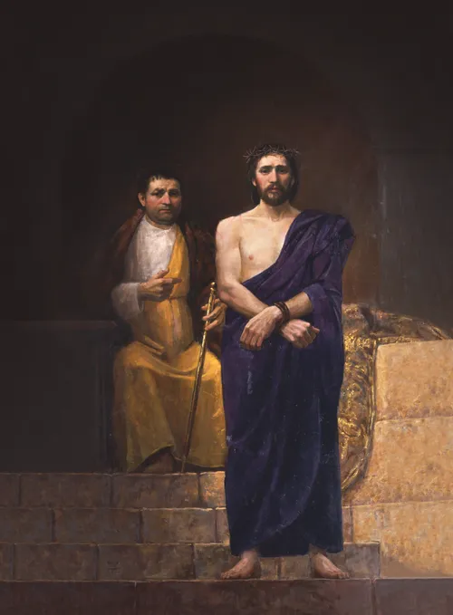 Christ standing with hands bound and dressed in a purple robe, with Pilate