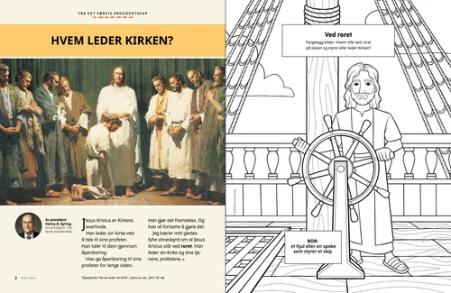 PDF-side med illustrasjon av Jesus Kristus og hans apostler, pluss en fargeleggingsaktivitet av Jesus som står ved roret på et skip