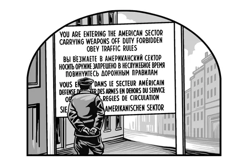 soldier standing at the boundary between East and West Berlin