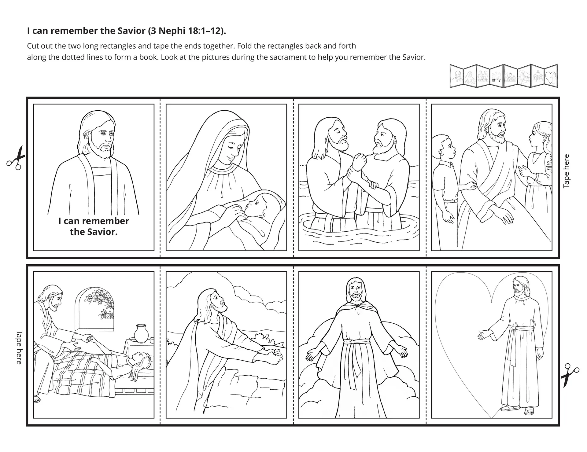A line-art activity showing ways to remember the Savior.