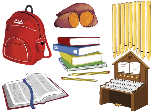 Open book, yams, pipe organ, red backpack, and stack of books