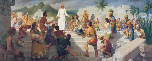 A panoramic view of Jesus Christ standing in white robes on a flight of steps while Book of Mormon–era people gather around to see.