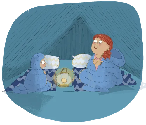 Boy and grandmother talking in tent