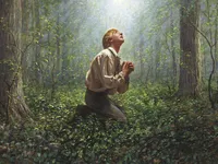 Joseph Smith in the Sacred Grove looking up at a light.