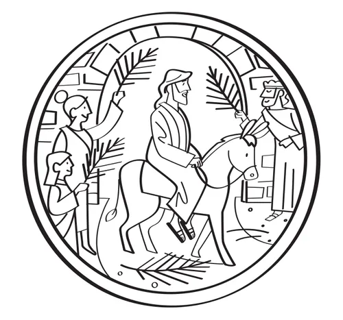 Illustration au trait représentant Jésus-Christ chevauchant un âne à Jérusalem