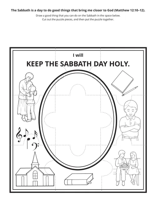 A black-and-white illustration of ways to keep the Sabbath day holy.