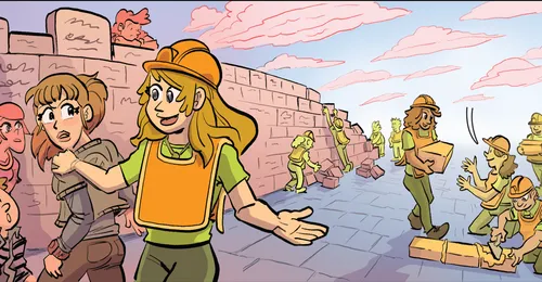 young people dismantling a wall