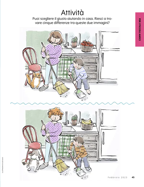 PDF della pagina con illustrazioni di un bambino e di una donna che spazzano il pavimento della cucina, e con un’attività in cui trovare le differenze