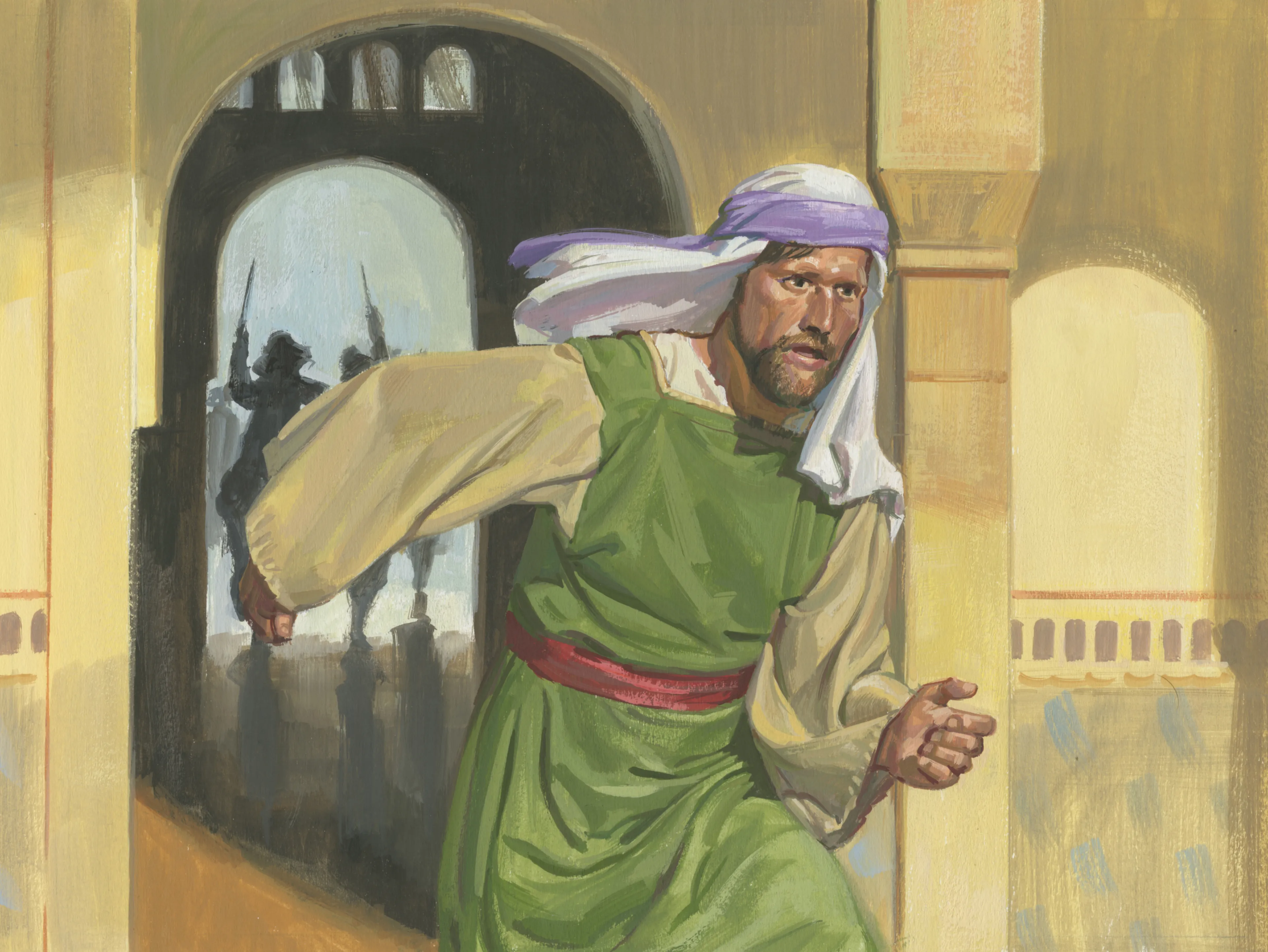 A painting by Jerry Thompson depicting Laman fleeing from Laban’s guards; Primary manual 3-41