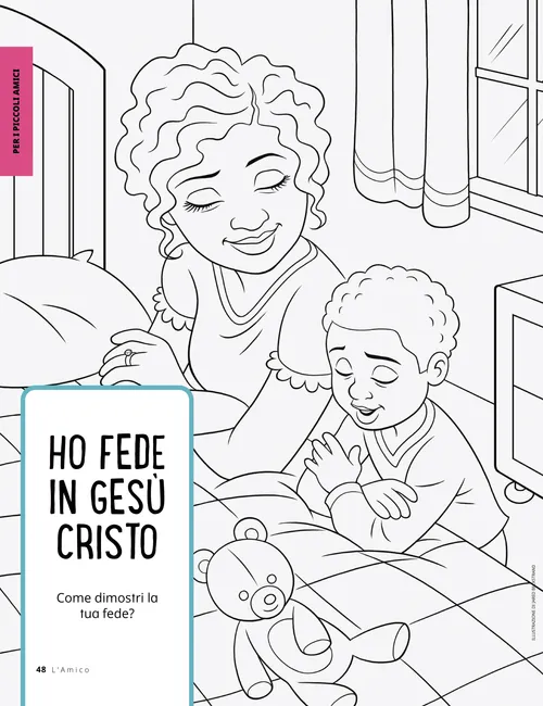 PDF della pagina da colorare raffigurante una donna e un bambino inginocchiati accanto a un letto per pregare