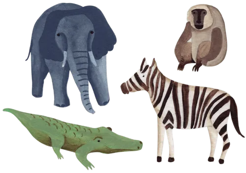 An elephant, a crocodile, a zebra, and a baboon
