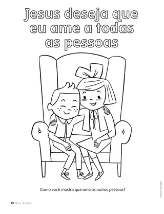 Página para colorir em PDF de duas crianças sentadas juntas em uma cadeira