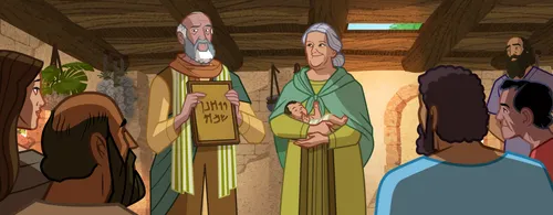 Elisabeth and Zacharias giving the baby a name.