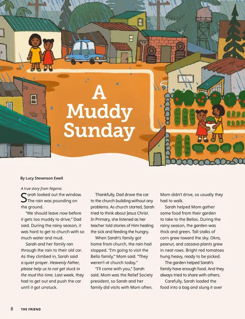 Page PDF with illustrations of a woman and girl standing next to a car, picking food in a garden, and giving the food to a woman and boy