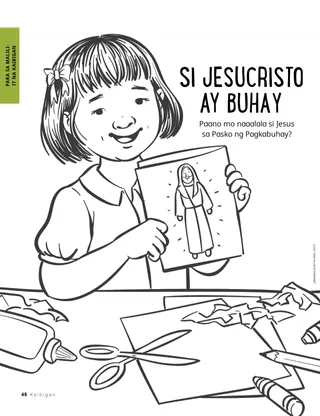 Pahinang kukulayan na may batang nakahawak sa isang larawan ni Jesus