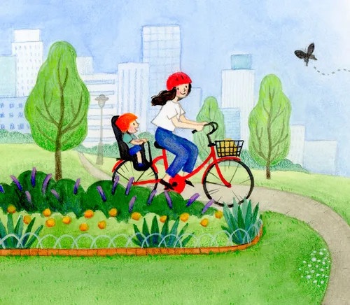 mom biking with toddler