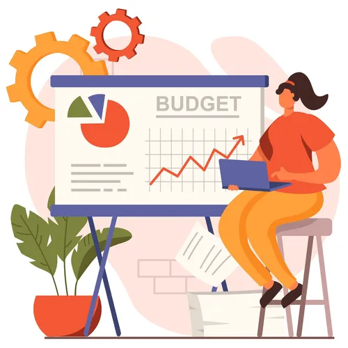an illustration of a woman sitting in front of a budget chart