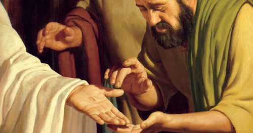 two Apostles looking at the wounds in Jesus’s hand and wrist