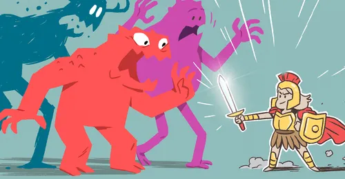 girl with armor and sword, facing monsters