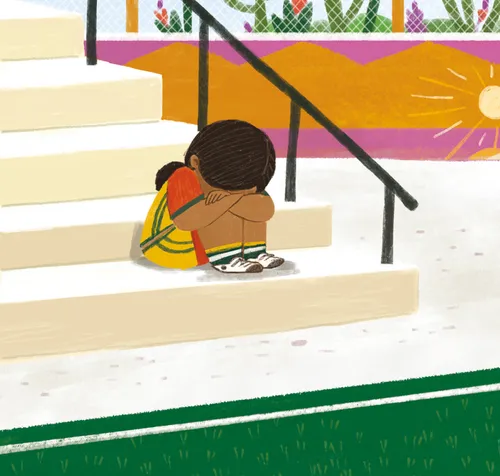 Young girl crying on steps