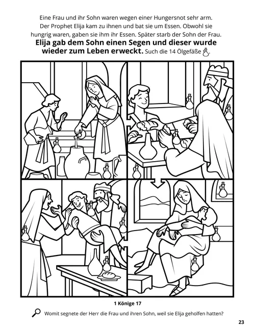 PDF/Ausmalbild: Elija isst mit einer Frau und ihrem Sohn; Elija heilt den Sohn
