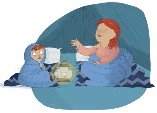 Boy and grandmother talking in tent