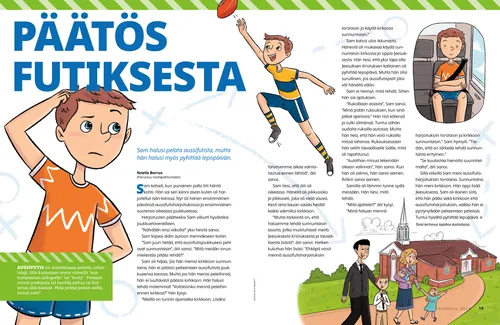 PDF-sivu, jossa on kuvia pojasta, joka rapsuttaa päätään, pelaa futista, rukoilee autossa ja kävelee kirkkoon perheensä kanssa