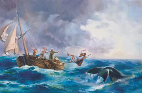 Jonah being thrown from a boat into the sea