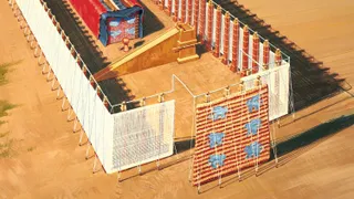 A depiction of the Israelite tabernacle in the wilderness.  The tabernacle is viewed from above.  The interior and exterior of the tabernacle are depicted.