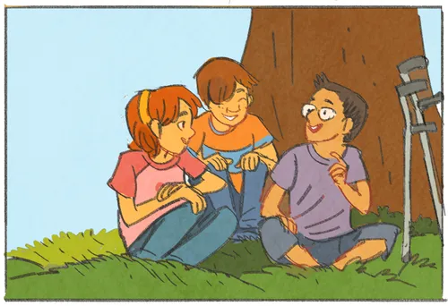 kids sitting by tree