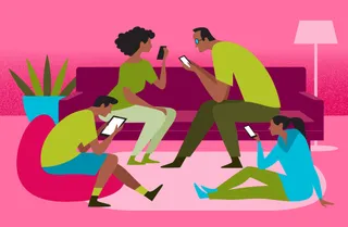 An illustration of a family all on their electronic devices 