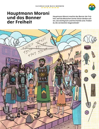 Bild von Moroni mit dem Banner der Freiheit, Menschen stehen bei ihm