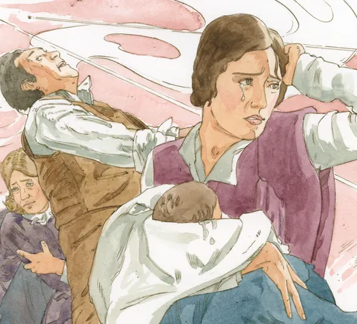 Saints being shot at, at Haun's Mill. Women holding a baby crying in the foreground. Chapter 45-12