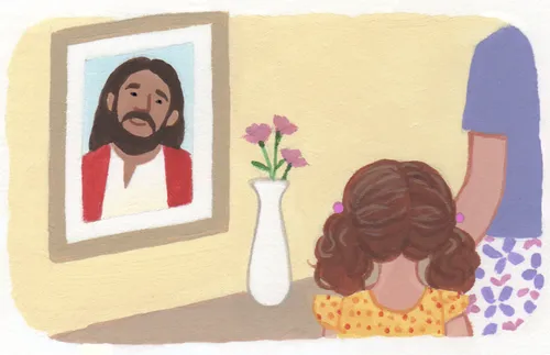 girl looking at picture of Jesus at church