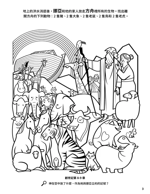 著色頁PDF：挪亞、他的妻子、方舟與動物