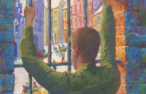 soldier looking through prison bars