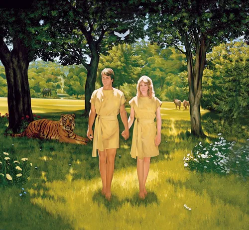 A painting by Lowell Bruce Bennett showing Adam and Eve in yellow clothing walking among trees, with a tiger lying in the grass behind them.